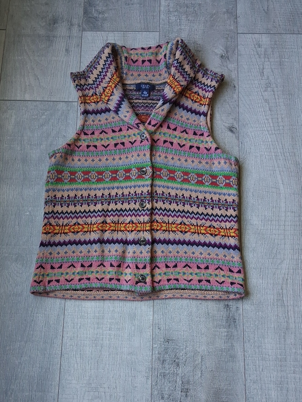 Vintage Chaps Ralph Lauren Fair Isle Knit Sweater Vest Shawl Collar- LARGE
